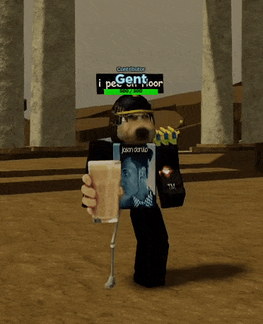 a person in a video game holding a cup that says gentfloor