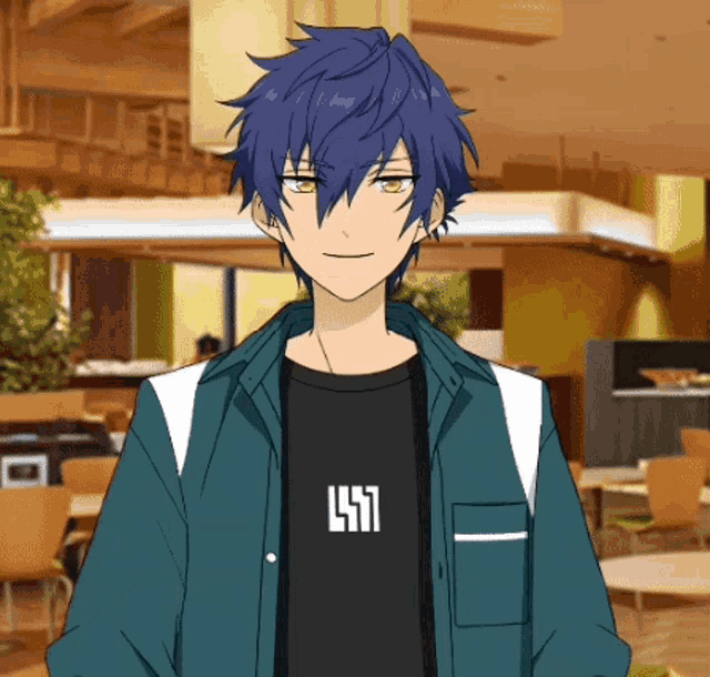 a boy with blue hair is wearing a black shirt that says l47