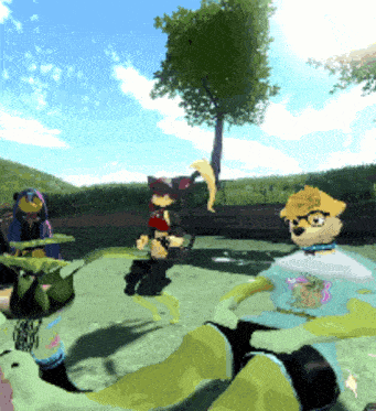 a group of furry characters are playing a game in a park