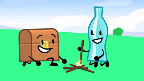 a cartoon drawing of a trunk and a bottle sitting next to each other
