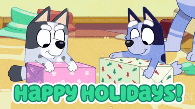 a happy holidays greeting card with two cartoon animals
