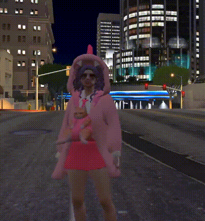 a girl in a pink dress is holding a stuffed animal in front of a sign that says oh sorry