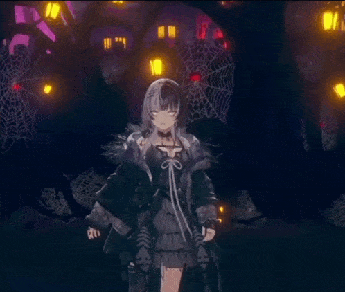 a girl in a black dress is standing in a dark forest with a spider web in the background .