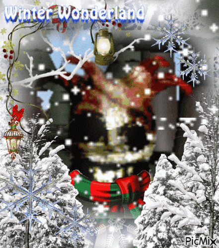 a picture of a snowy scene with the words winter wonderland written above it