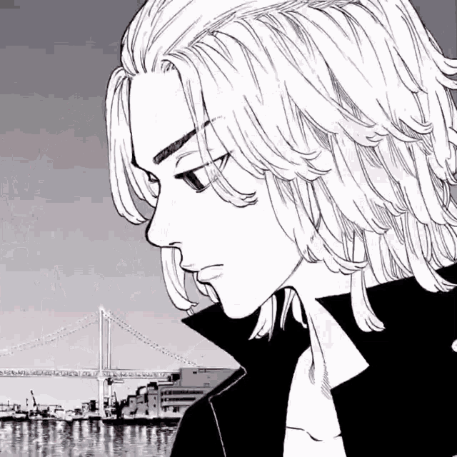 a black and white drawing of a man standing in front of a bridge .