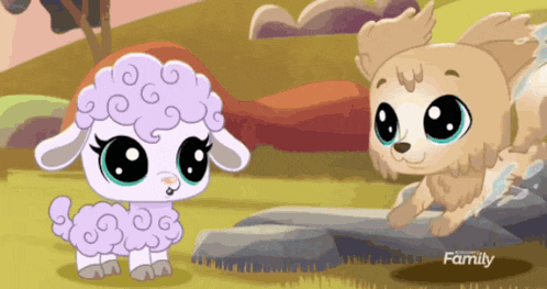 a cartoon of a sheep and a dog with the word family on the bottom right