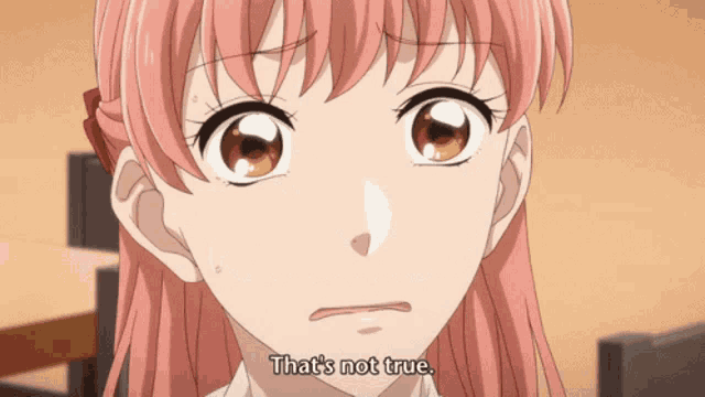 a girl with pink hair and brown eyes says " that 's not true "
