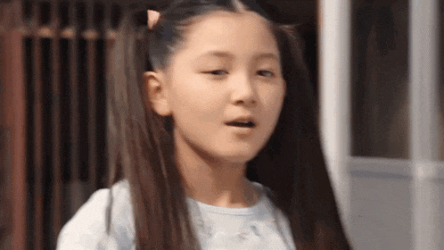 a young girl with pigtails is standing in front of a door .