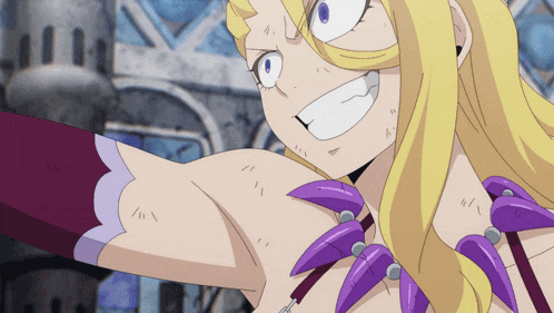 a cartoon character with blonde hair and purple feathers around her neck