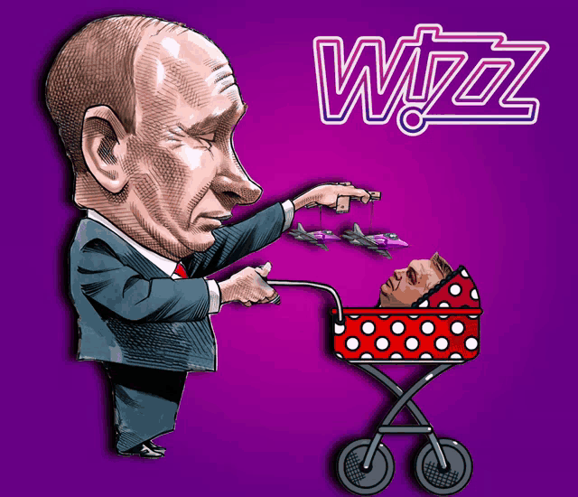 a cartoon of a man pushing a baby in a polka dot stroller with the word wizz behind him