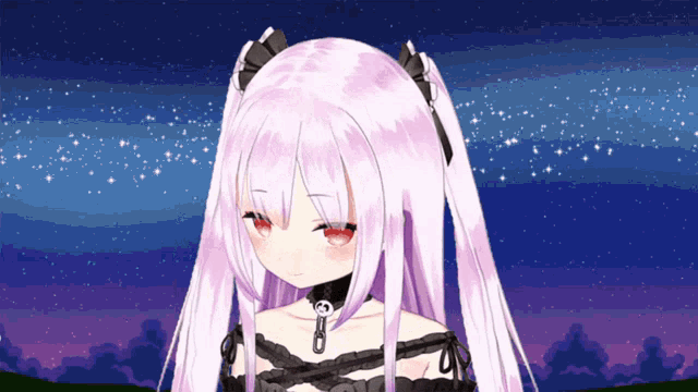 a girl with purple hair and red eyes is wearing a choker