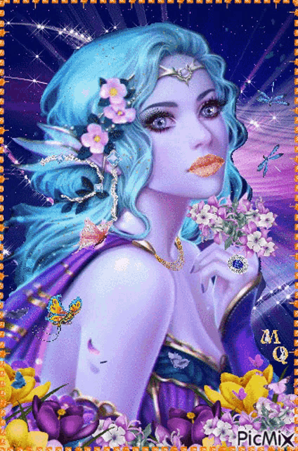 a woman with blue hair is surrounded by purple flowers and a picmix watermark