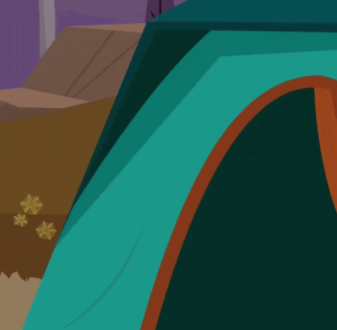 a cartoon girl with red hair and shorts stands in front of a tent
