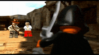 a lego video game shows a man holding a sword in front of two other lego figures