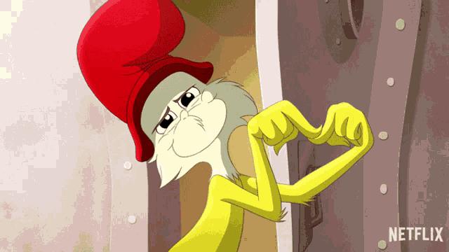 a cartoon character with a red hat and yellow arms is standing next to a netflix logo