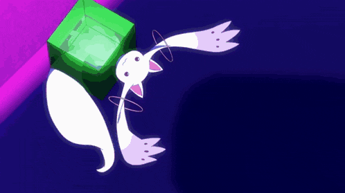 a white cat with purple wings is flying in the air next to a green box .