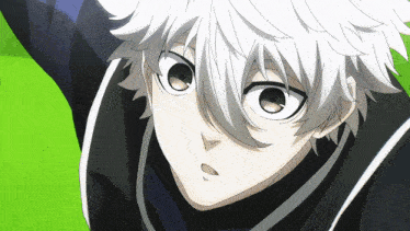 a close up of a white haired anime character