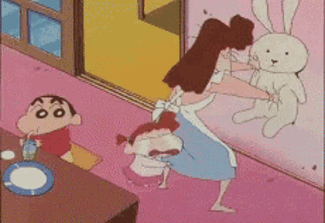 a cartoon of a woman standing in front of a rabbit