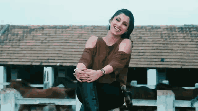 a woman sitting on a fence with a horse in the background