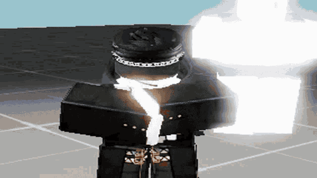 a robot is standing on a tiled floor with a white light coming out of it .