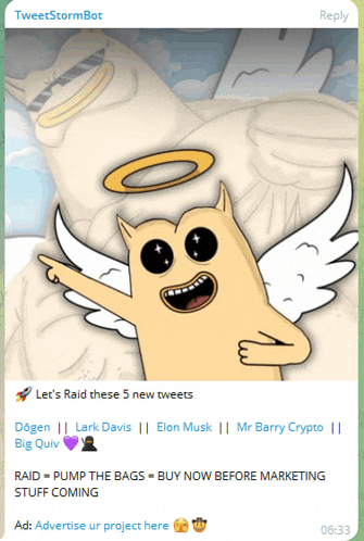 a screenshot of a tweetstormbot shows a cartoon character with angel wings pointing