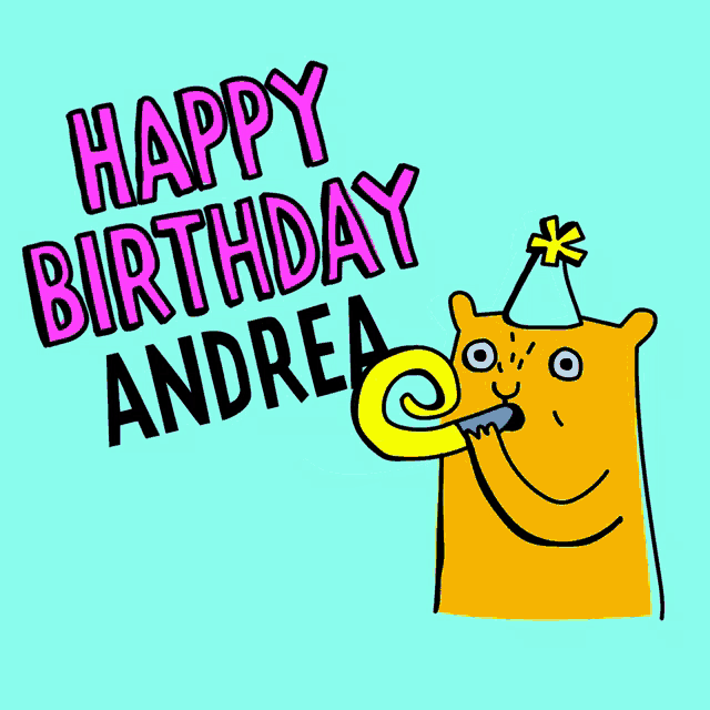 a happy birthday card for andrea with a cartoon bear blowing a party horn
