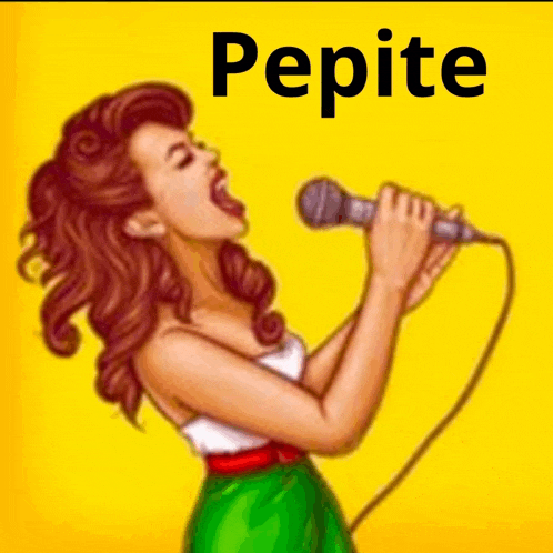 a woman singing into a microphone with the word pepite written above her