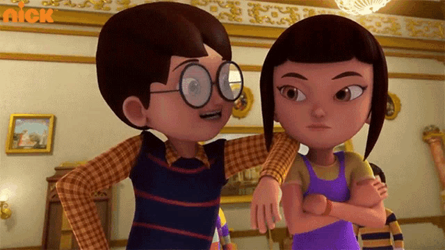 a boy and a girl are standing next to each other in a room with a nick logo on the wall
