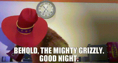 a red hat with the words " behold the mighty grizzly good night " on it