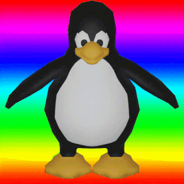 a cartoon penguin is standing in front of a rainbow colored background