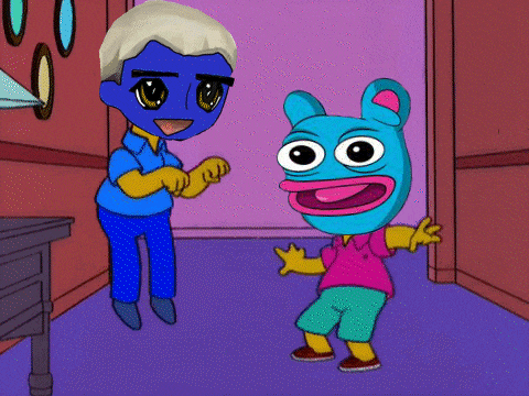 two cartoon characters are standing next to each other