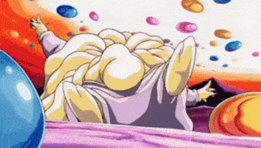 a cartoon drawing of a person surrounded by colorful balls