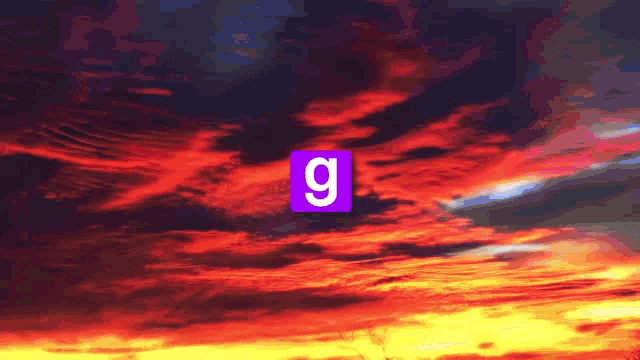 a purple square with the letter g on it in front of a sunset sky