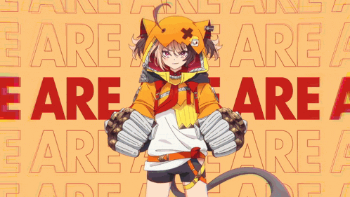 a girl with a cat hat and gloves stands in front of a background that says " are "