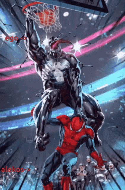 a cartoon of venom and spider-man playing basketball