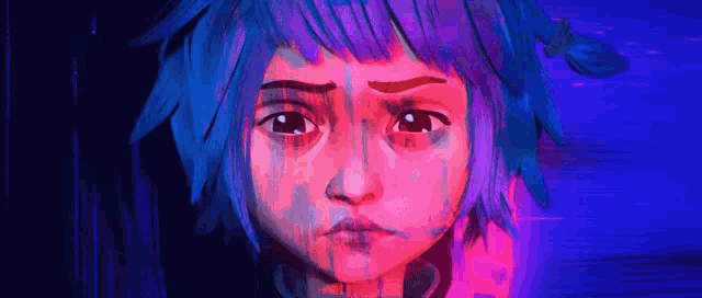 a close up of a cartoon character 's face with a purple and blue background .