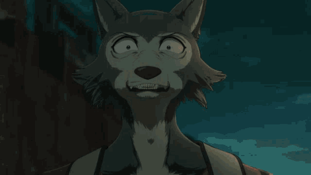 a close up of a cartoon wolf with a big smile on its face
