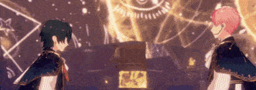 two anime characters are standing next to each other in front of a stage in a dark room .