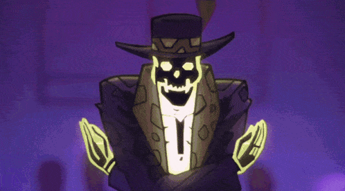 a man in a cowboy hat is surrounded by skeletons with their arms in the air