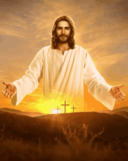 a painting of jesus with his arms outstretched in front of two crosses