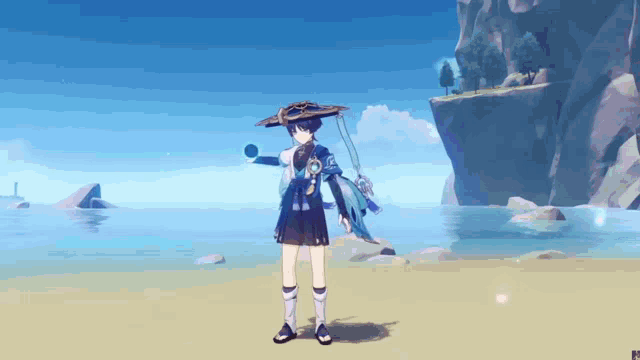 a video game character is standing on a beach holding a sword and a hat .