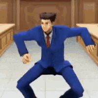 a man in a blue suit and tie is standing on his knees in a courtroom .