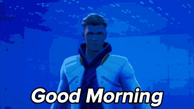 a man in a white jacket stands in front of a blue background that says " good morning "