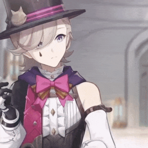 a girl wearing a top hat with a cat on it and a bow tie