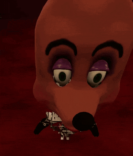 a close up of a cartoon character 's face with purple eyes and black eyebrows