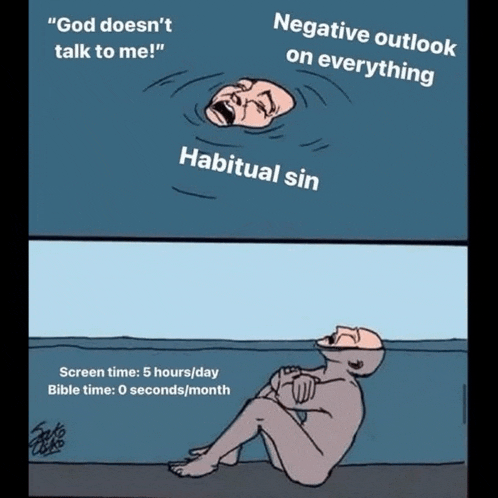 a cartoon of a man sitting in the water with the words " god does n't talk to me "