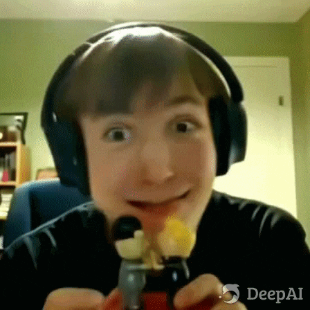 a young boy wearing headphones is holding a toy and making a face .