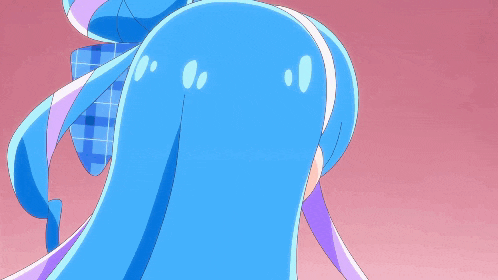 a girl with blue hair and purple eyes smiles for the camera