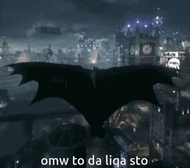 a bat is flying over a city with omw to da liqa sto written on the bottom