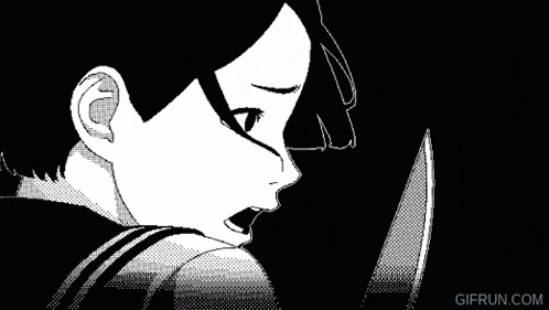 a black and white drawing of a girl holding a knife with gifrun.com in the bottom right corner